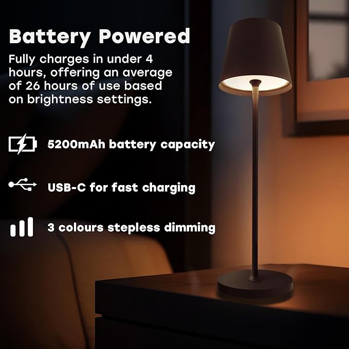 2 Pack Cordless Table Lamp,Portable LED Desk Lamp, 5200mAh Battery Operated, 3 Color Stepless Dimming Up, for Restaurant, Bedroom, Bars, Outdoor Party, Camping, Coffee Shop Night Light Coffee