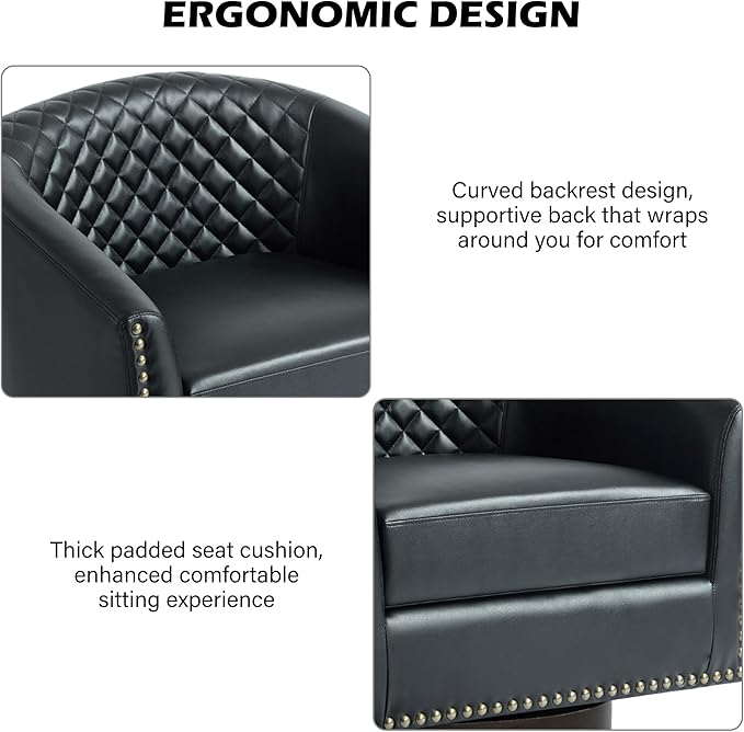 Swivel Barrel Accent Chair, Comfy Modern Upholstered Round Faux Leather Arm Chair for Living Room, Bedroom（Black, Set of 4
