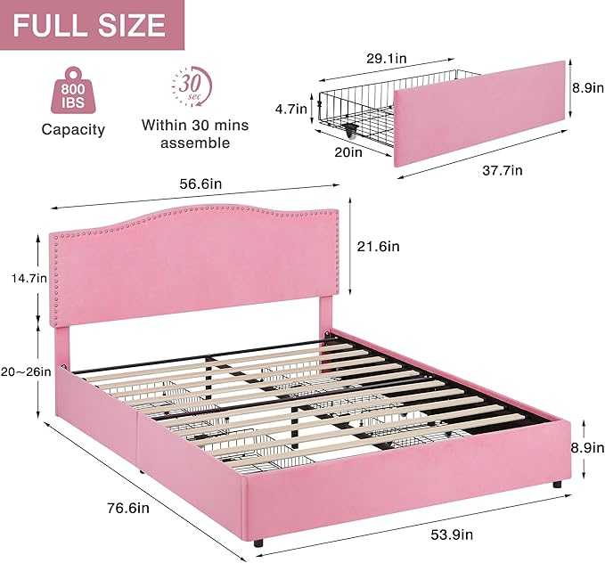 VECELO Full Bed Frame, Platform Bed Frame with Underbed Storage Drawers and Adjustable Height Upholstered Headboard, Heavy-Duty Frame and Strong Wooden Slats Support, Noise-Free, Easy Assembly, Pink