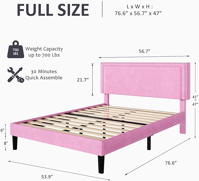 VECELO Full Size Bed Frame with Adjustable Upholstered Headboard, Wooden Slats Platform, Noise-Free Design, Easy Assembly