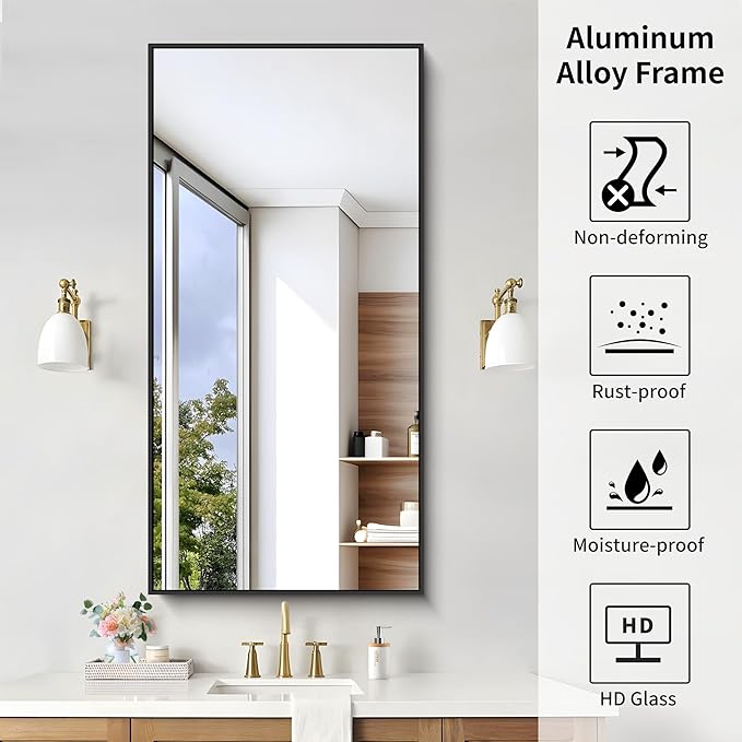 KOCUUY 24x48 Inch Large Black Wall Mounted Mirror,Aluminum Framed Decorative Rectangular Bathroom Mirror for Wall Over Sink,Vanity Mirror for Bedroom Living Room Bathroom,Functional Oversized Mirror