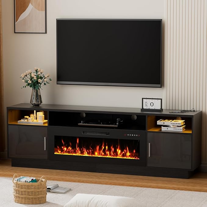 80'' TV Stand with 42'' Fireplace - LED Light Entertainment Center for 90 inch TVs - Black Cabinet with Storage, Modern Console for Living Room