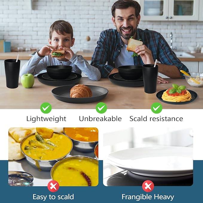 Teivio 80-Piece Kitchen Plastic Wheat Straw Dinnerware Sets for 8, Dinner Plates, Plates and Bowls Sets,Cups, Flatware, Dishwasher Safe, Unbreakable Apartment Outdoor Camping Dishes, Black