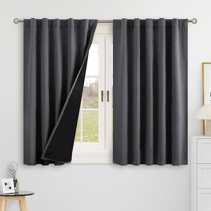 BGment Dark Grey 100% Blackout 48 Inch Curtains for Small Window, Rod Pocket and Back Tab Double Layer Black Out Thermal Insulated Room Darkening Curtain for Kitchen, 2 Panels, Each 42 x 48 Inch