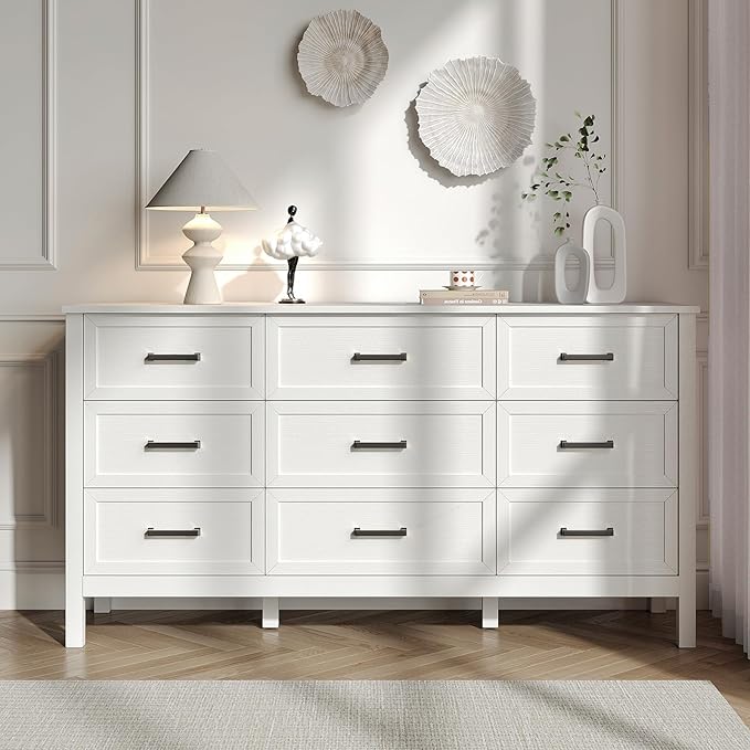 Farmhouse 9 Drawers Dresser for Bedroom, Wood Rustic Wide Dressers with Metal Handles, Wood Chest for Bedroom, Hallway, Entryway, White