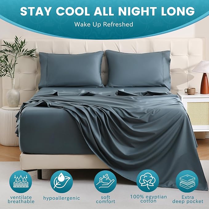 Bedlifes King Sheet Set, Extra Deep Pocket 18-24 Inches,1000Thread Count 100% Egyptian Cotton, Soft and Breathable Sateen 4-Piece,Lake Blue