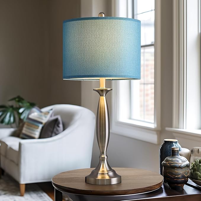 Oneach 27" Modern Table Lamps Set of 2 for Living Room Bedroom with USB A+C Charging Port,Brushed Steel Bedside Lamps for Night Stands,Fabric Drum Shade Nightstand Lamp Light for End Tables Home