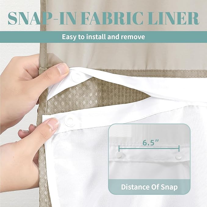 Khaki No Hook Waffle Weave Shower Curtain with snap-in Liner Replacement, 230GSM Waterproof Fabric Hotel Shower Curtain Set for Bathroom, Through Mesh Top Window,71Wx77H