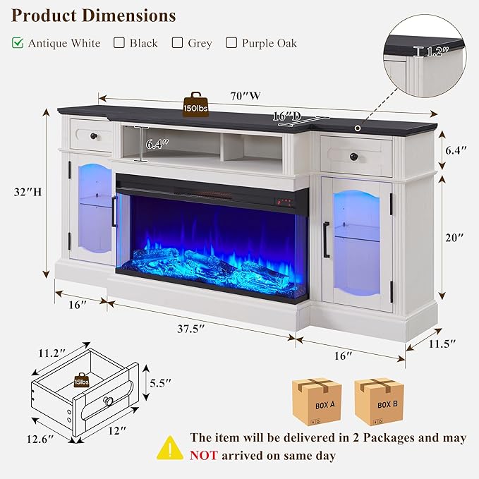 LINGMU Farmhouse Electric Fireplace TV Stand for TVs up to 80", Entertainment Center with 36" 3-Sided Glass Electric Fireplace & LED Lights, 70-inch TV Console, Antique White