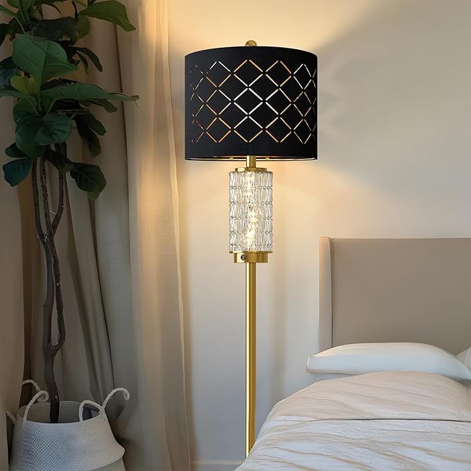 Oneach 63.75" Floor Lamp for Living Room, Modern Gold Lamp with LED Glass Night Light, Vintage Standing Lamp with Black Drum Lampshade, Unique Luxury Tall Lamp for Bedroom Home Office(Bulb Included)