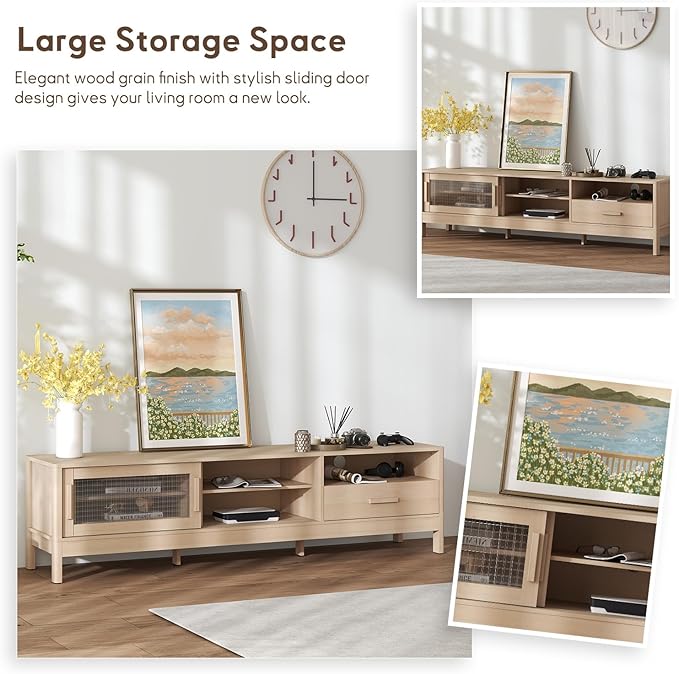 Bonzy Home Modern TV Stand with 2 Acrylic Sliding Doors and Drawers for 75 Inch TV, Modern Media TV Console with Adjustable Shelf for Bedroom,Living Room, Oak