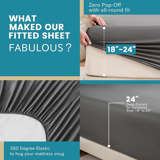 Bedlifes California King Sheet Set, Extra Deep Pocket 18-24 Inches, 1000Thread Count 100% Egyptian Cotton, Soft and Breathable 4-Piece,Dark Grey