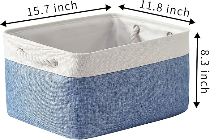 TcaFmac Storage Basket for Organizing - Large 4 Pack Fabric Storage Bins Baskets for Shelves with Ropes, Foldable Storage Cubes for Closet Cloth Toy (White & Blue16x12x8 inch)