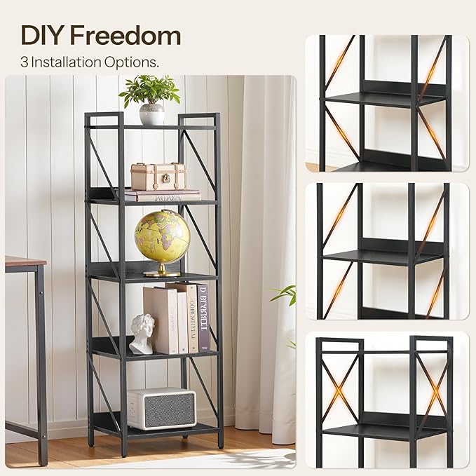 HOOBRO Bookshelf, 5-Tier Industrial Bookcase, Book Shelf Storage Organizer, Tall Bookshelf with Metal Frame for Living Room, Bedroom, Home Office, Kitchen, Black BB73SJ01