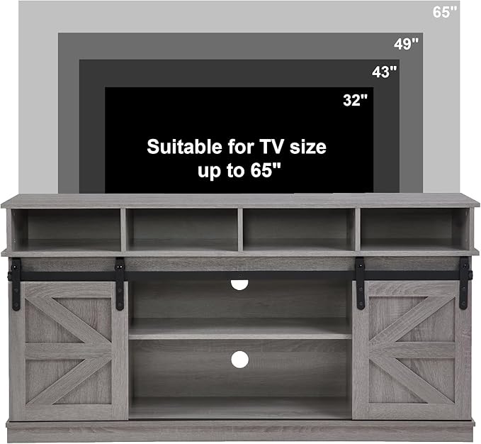 Softa 58" TV Stand, Modern & Farmhouse Wood Entertainment Center for TVs Up to 65", with Sliding Barn Door, Storage Cabinet Table, Adjustable Shelves (Gray)