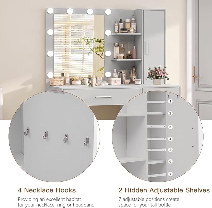 usikey Makeup Vanity with Lights, Vanity Desk with Mirror and 10 LED Lights, Vanity Table Set with 4 Drawers, Cabinet & 4 Necklace Hooks, Dressing Table for Bedroom, Grey