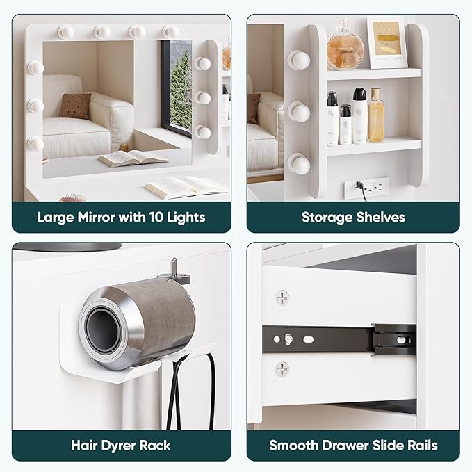 Semiocthome Makeup Vanity Desk with Mirror and Lights, Vanity Table with Power Outlet, Shelves, 2 Drawers, and Metal Frame, 3 Lighting Modes & Adjustable Brightness Dressing Table with Chair - White