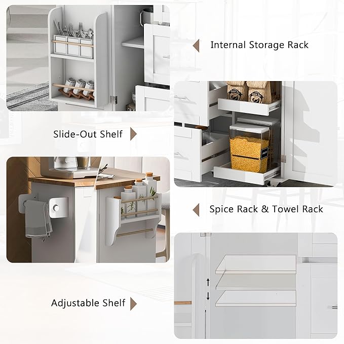 Rolling Mobile Kitchen Island Cart Cabinet with Internal Storage Rack, 3 Drawers and 2 Slide-Out Shelves for Dining Room