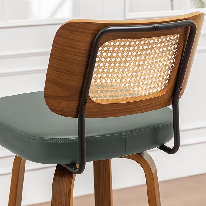 Bar Stools Set of 2 - 30 inch Rattan Swivel Bar Stools with Walnut Craftsmanship, Curved Rattan Back, Upholstered Seat, Mid Century Modern BarStools for Bar/ Pub/Island/Cafe (30" Seat Height, Green)
