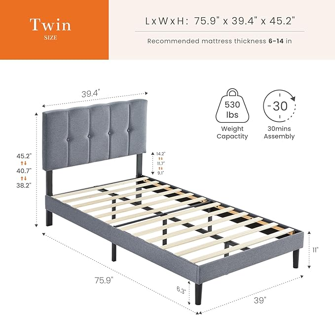 Sweetcrispy Twin Size Bed Frame - Fabric Upholstered Platform Bed with Headboard, 530LBS Sturdy Wooden Slats Support, No Box Spring Needed, Noise Free, Easy Assembly, Grey