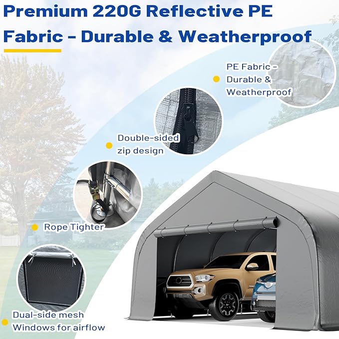 EROMMY 20x20 FT Heavy Duty Durable Carport, Galvanized Steel Frame Garage Shelter and Outdoor Storage, Waterproof 3-Layer PE Cover, Fits 2 Cars, Boat, Farm Equipment, Silver Gray