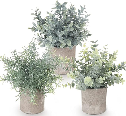 Fake Plants,3 Pack Small Artificial Plants Indoor Mini Potted Faux Plants For Home Decor,Eucalyptus Greenery Plastic Green Grass Fake Plants for Shelves Desk Bathroom Bedroom Farmhouse Shelf Decor