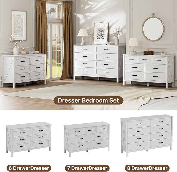 LYNSOM Farmhouse 8 Drawer Dresser for Bedroom, 55 Inch Wide Wood Rustic Chest of Drawers with X-Marking & Bar Handle, Large Storage Dressers Organizer for Bedroom, Living Room, White