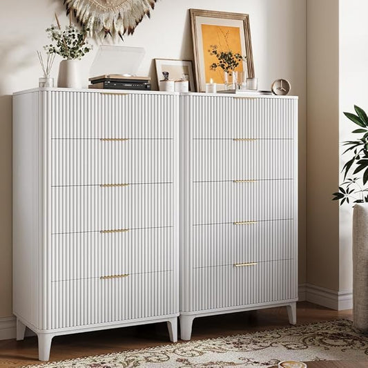 Fluted Dresser for Bedroom with 5 Drawers Set of 2, 45" Large Closet Clothes Wood Tall Dresser Storage Organizer, Mid Century Modern Chest of Drawers with Deep Storage White