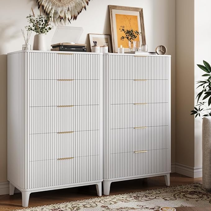Fluted Dresser for Bedroom with 5 Drawers Set of 2, 45" Large Closet Clothes Wood Tall Dresser Storage Organizer, Mid Century Modern Chest of Drawers with Deep Storage White