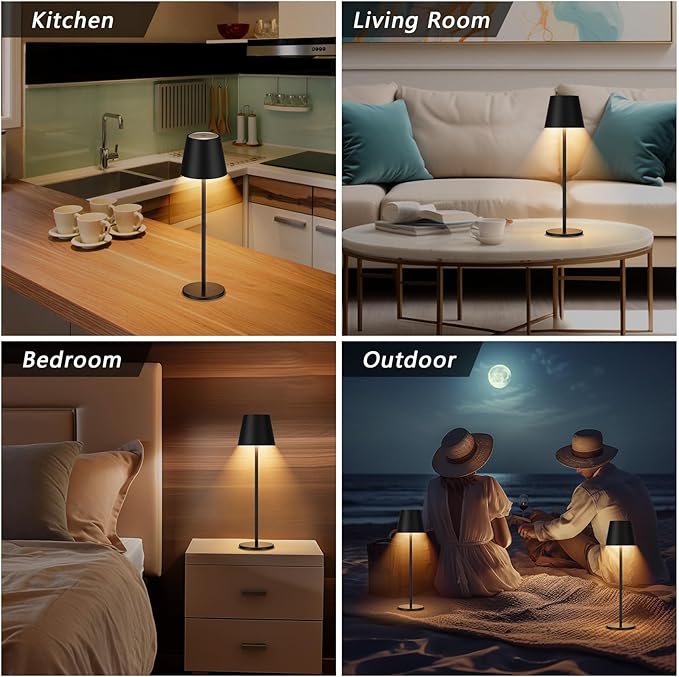 Aipsun Rechargeable Cordless LED Table Lamp 2 Pack, 6200mAh Battery Powered with Stepless Dimming, Waterproof Outdoor Modern Black Finish