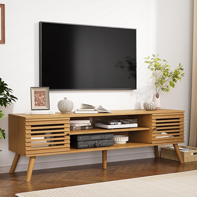 61" Mid Century Modern TV Stand for 50/55/60/70 inch TV, TV Media Console with Slatted Doors for TVs up to 70", Entertainment Center with Storage for Living Room, Bedroom, Oak