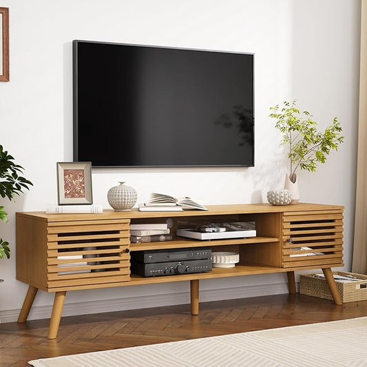 61" Mid Century Modern TV Stand for 50/55/60/70 inch TV, TV Media Console with Slatted Doors for TVs up to 70", Entertainment Center with Storage for Living Room, Bedroom, Oak