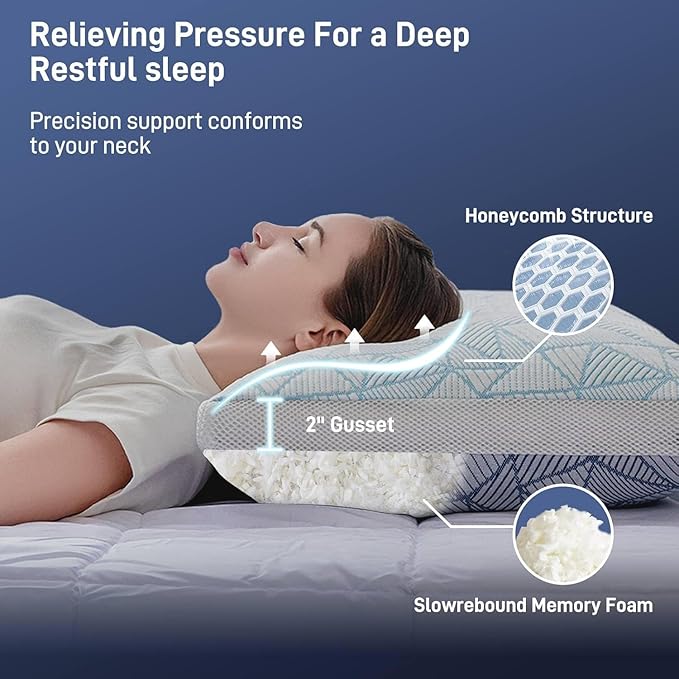 Shredded Memory Foam Cooling Soft Bamboo Viscose Pillows Queen Size Set of 2, Adjustable Hypoallergenic Hotel Quality Pillows for Side, Back or Stomach Sleeper, Oeko-TEX Certified