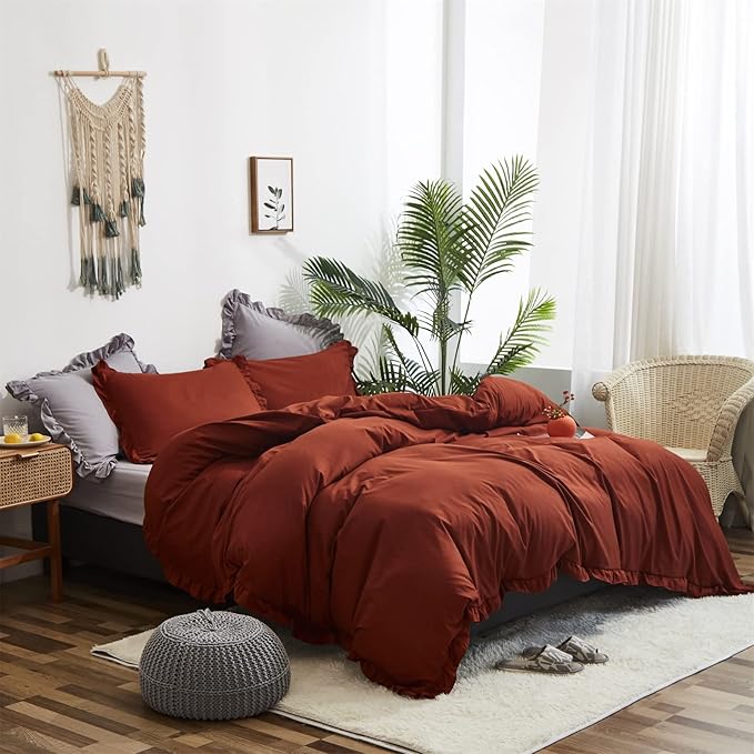 Luxlovery Ruffle Comforter Set King Burnt Orange Farmhouse Caramel Bedding Comforter Set Shabby Chic Rust Orange Solid Blanket Quilts Ruffled Reddish Caramel Bedding Set for Women Men