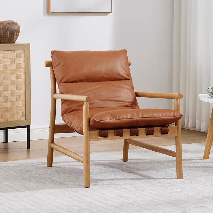 Faux Leather Accent Chair Set of 2 - Solid Wood Lounge Chair with Removable Cushion, Modern Low Back Armchair Reading Chair for Living Room/Bedroom/Balcony, Brown Sofa Chair (Easy Assembly)