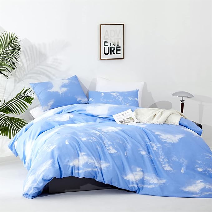 CLOTHKNOW Blue Sky California King Comforter Set White Cloud Bedding Comforter Sets Women Men Comforter Blue Comforter with 2 x Pillow Cases