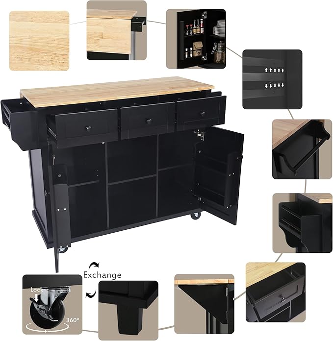 Kitchen Island Cart with Drop-Leaf Cabinet Door Internal Storage Rack 5 Wheels 3 Drawers for Kitchen, Dining Room, Bathroom 53.1" W*29.5" D*37.2" H Black