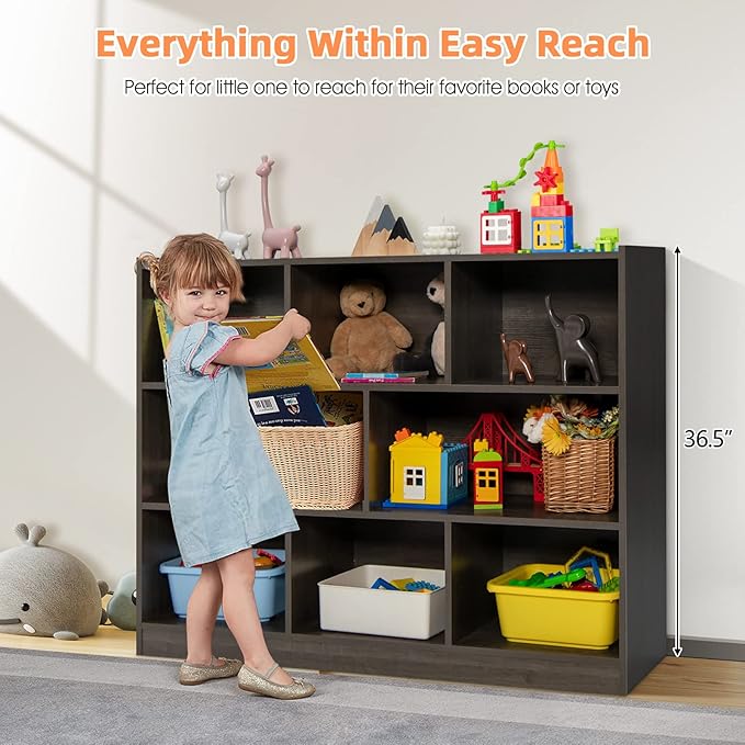 Toy Storage Organizer, 3-Tier Kids Bookshelf, 8 Cube Kids' Bookcases, Cabinets & Shelves, Wooden Toy Organizers, Small Book Shelf for Bedroom, Playroom, Classroom, Nursery (Gray)