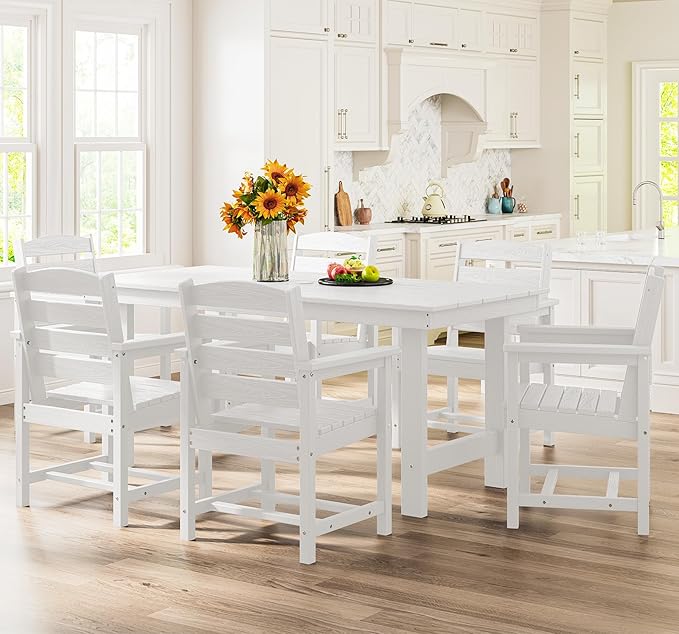 SERWALL 7-Piece Patio Dining Table Sets, Outdoor HDPE Dining Furniture Set with Umbrella Hole Cut-Out Table and 6 Chairs, White