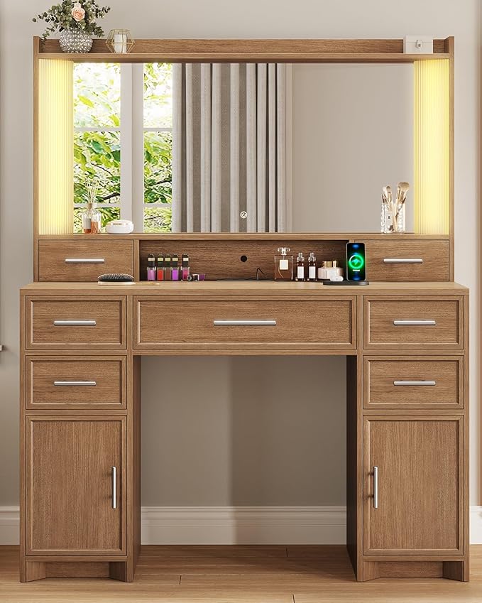 AOGLLATI Vanity Desk with Mirror and Lights, Makeup Vanity Desk with Lights, Large Mirror with Charging Station and 3 Color Lightbox, White Vanity Table with 7 Drawers for Bedroom, Dark Brown