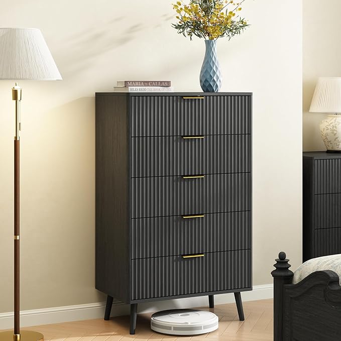 CARPETNAL Fluted 5 Drawers Dresser for Bedroom, 45”Tall Modern Chest of Drawers with Deep Drawers,Curved Profile Design, Wood Drawer Organizer for Living Room, Black