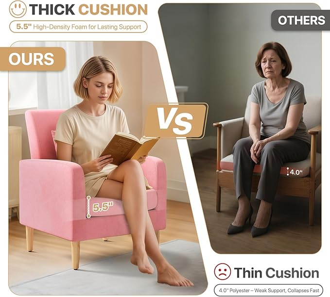 Magshion Mid-Century Accent Chair for Living Room, Comfy Reading Chair for Bedroom, Upholstered Linen Fabric Armchair Single Sofa with Back Pillow & Wood Legs, 300 lbs Capacity, Pink