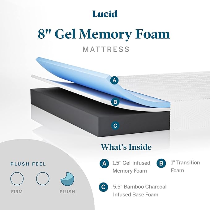 Lucid 8 Inch King Mattress - Plush Gel Memory Foam – Bamboo Charcoal Foam –Gel Infused- Hypoallergenic Mattress