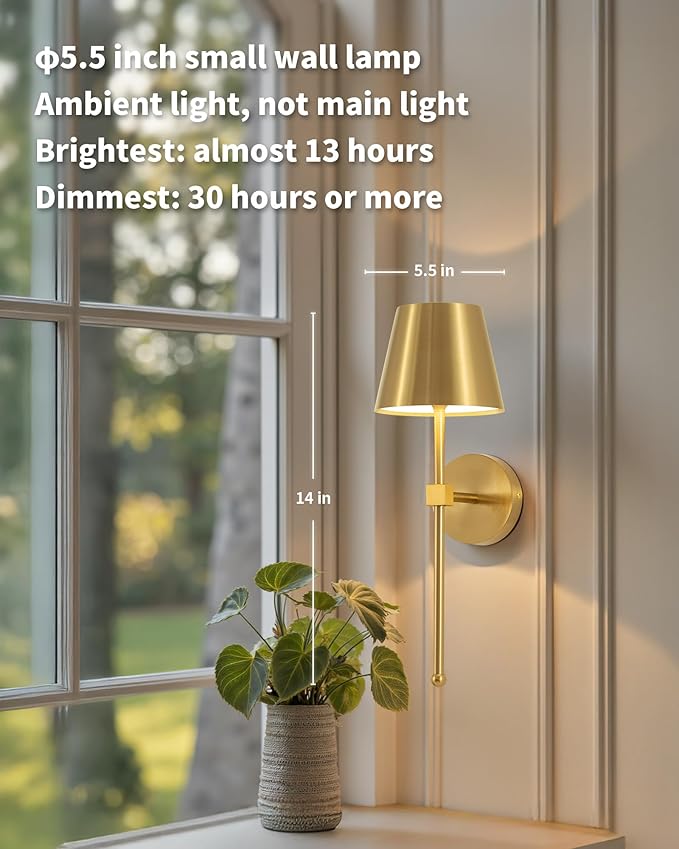 KDG Cordless Wall Sconces Set of 2, Wireless 5200mAh Rechargeable Battery LED Wall Lamps, Wall Lightings for Wall Painting, Outdoor, Garden, Living Room, Bedside, Hallway, Gifts, Night Light (Gold)
