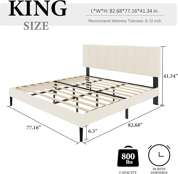 King Size Bed Frame with Fabric Upholstered Headboard, Platform Bed with Wooden Slats Support, Fully Mattress Foundation, Box Spring Optional, Easy Assembly