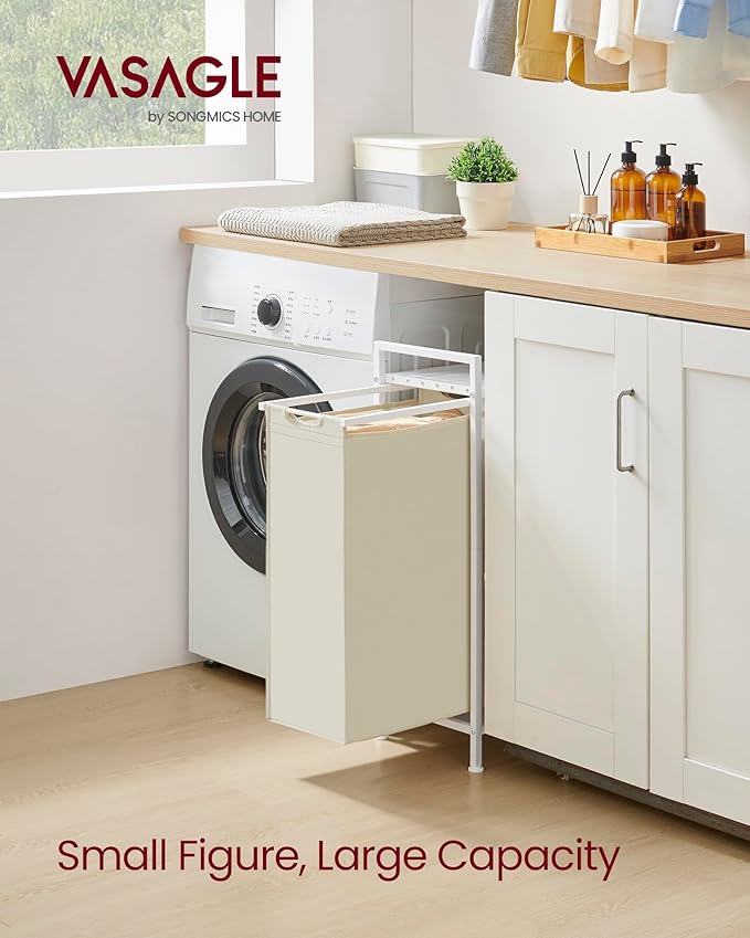 VASAGLE Laundry Hamper, Laundry Basket, Laundry Sorter with a Pull-Out and Removable Bag, Shelf, Metal Frame, 12.4 Gallons (47 L), 16.5 x 11 x 29.5 Inches, Cream White and Cloud White UBLH001W01
