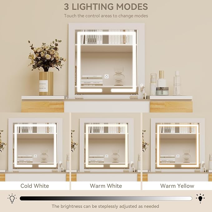 YOURLITE Makeup Vanity Desk with Flip-top Mirror and Lights, 3-in-1 Makeup Vanity Table with 2 Drawers and Cushioned Stool, Writing Desk Dressing Table Vanity Set