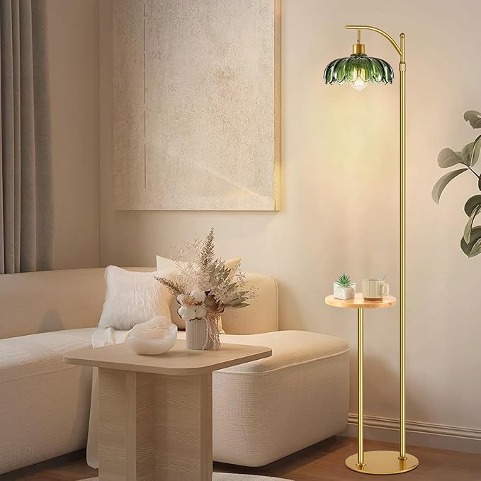 Arc Floor Lamp with Table and Shelves,Gold Floor Lamp for Living Room Glass Floor Lamps with Remote Control & 3 Color Temperature,Dimmable Standing Lamp Tall Flower Floor Lamps for Bedroom Corner