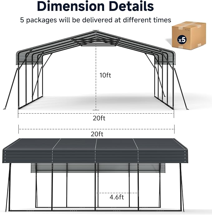 Heavy Duty Metal Carport, 20 x 20FT Outdoor Carport with Galvanized Steel Frame and Roof, Multi-Use Car Shelter for 2 Cars, Pickup, Tractors, Gray