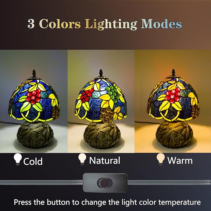 Small Tiffany Stained Glass Lamp, 3 Color Temperatures Bedside Lamp, 8 Inch Mushroom Desk Light for Bedroom Living Room Office Home Decor (Yellow Leaf Grapes)